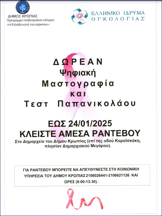 ΔΩΡΕΑΝ ΠΡΟΛΗΨΗ ΥΓΕΙΑΣ ΓΙΑ ΓΥΝΑΙΚΕΙΟ ΠΛΗΘΥΣΜΟ ΣΤΟ ΔΗΜΟ ΚΡΩΠΙΑΣ ΜΕ ΤΗΝ ΕΛΛΗΝΙΚΟ ΙΔΡΥΜΑ ΟΓΚΟΛΟΓΙΑΣ ΕΩΣ 24 ΙΑΝΟΥΑΡΙΟΥ